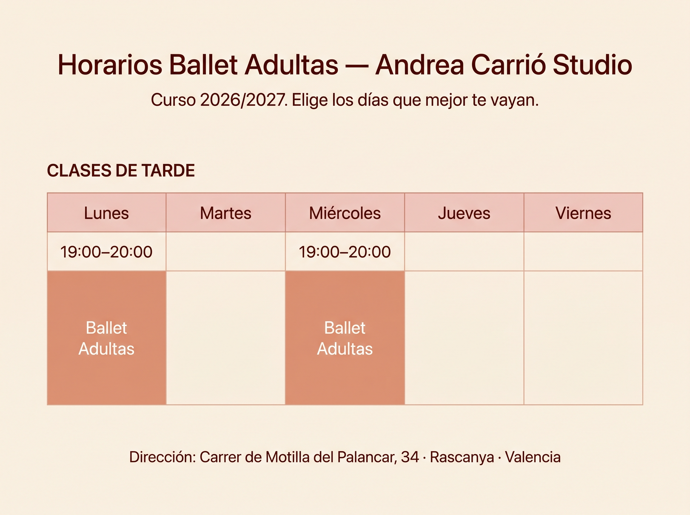 Horarios de las clases de ballet para adultas 2026/2027 en Andrea Carrió Studio