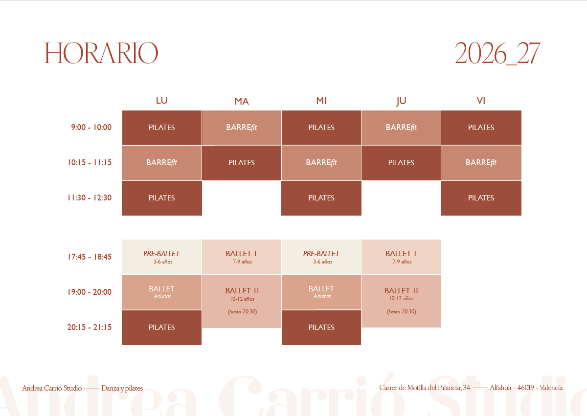 Horarios de clases 2026-2027 de Andrea Carrió Studio en Valencia